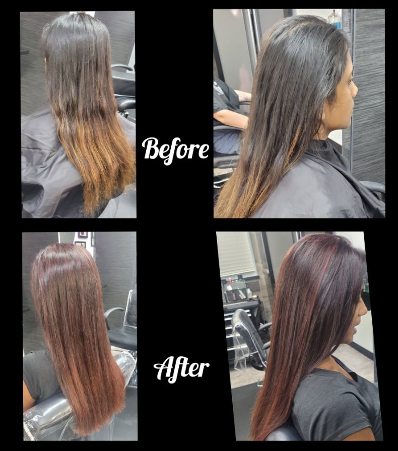 Before and after: brunette with red dimension