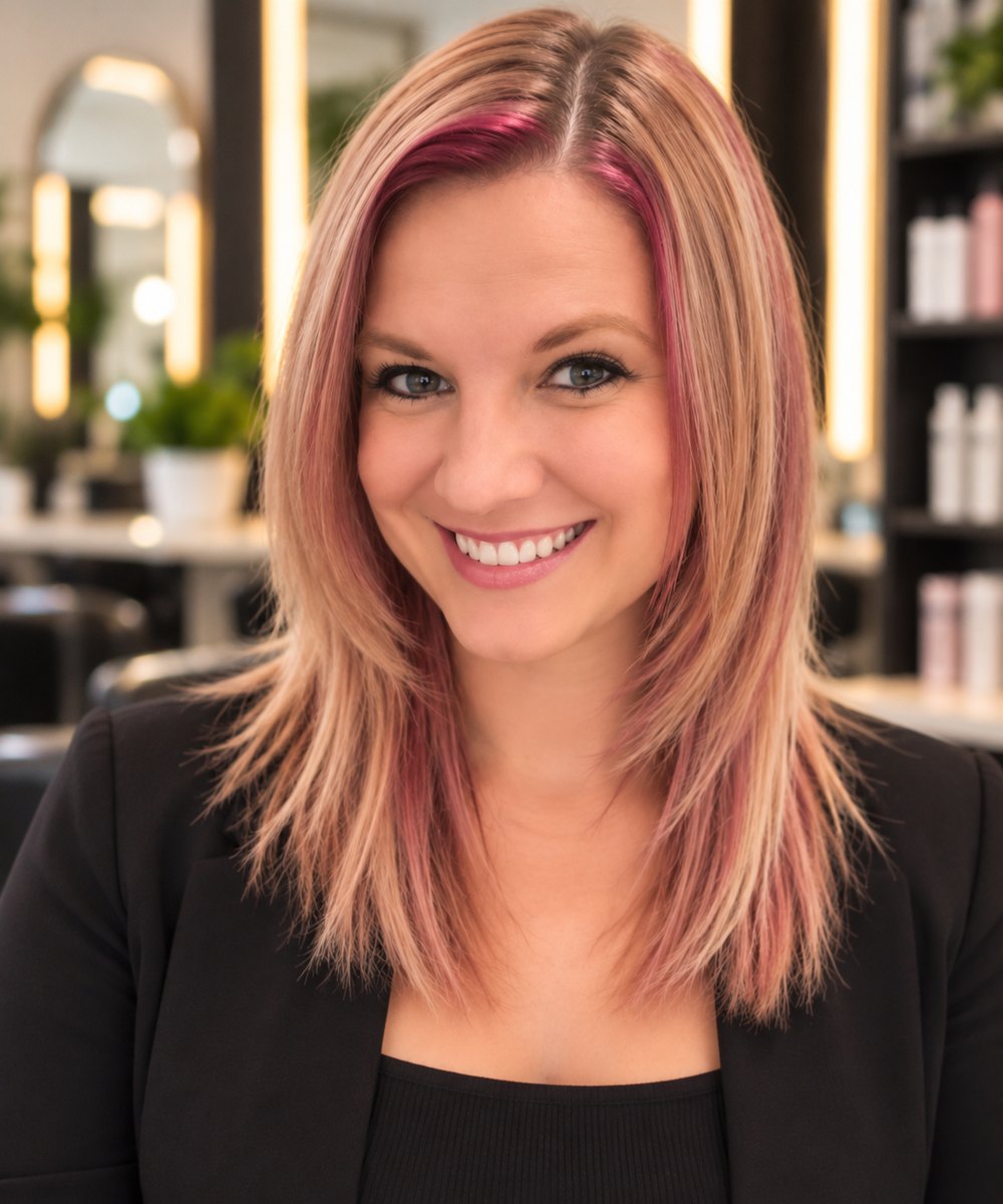 Stephanie Lynn, hair colorist, smiling in the salon